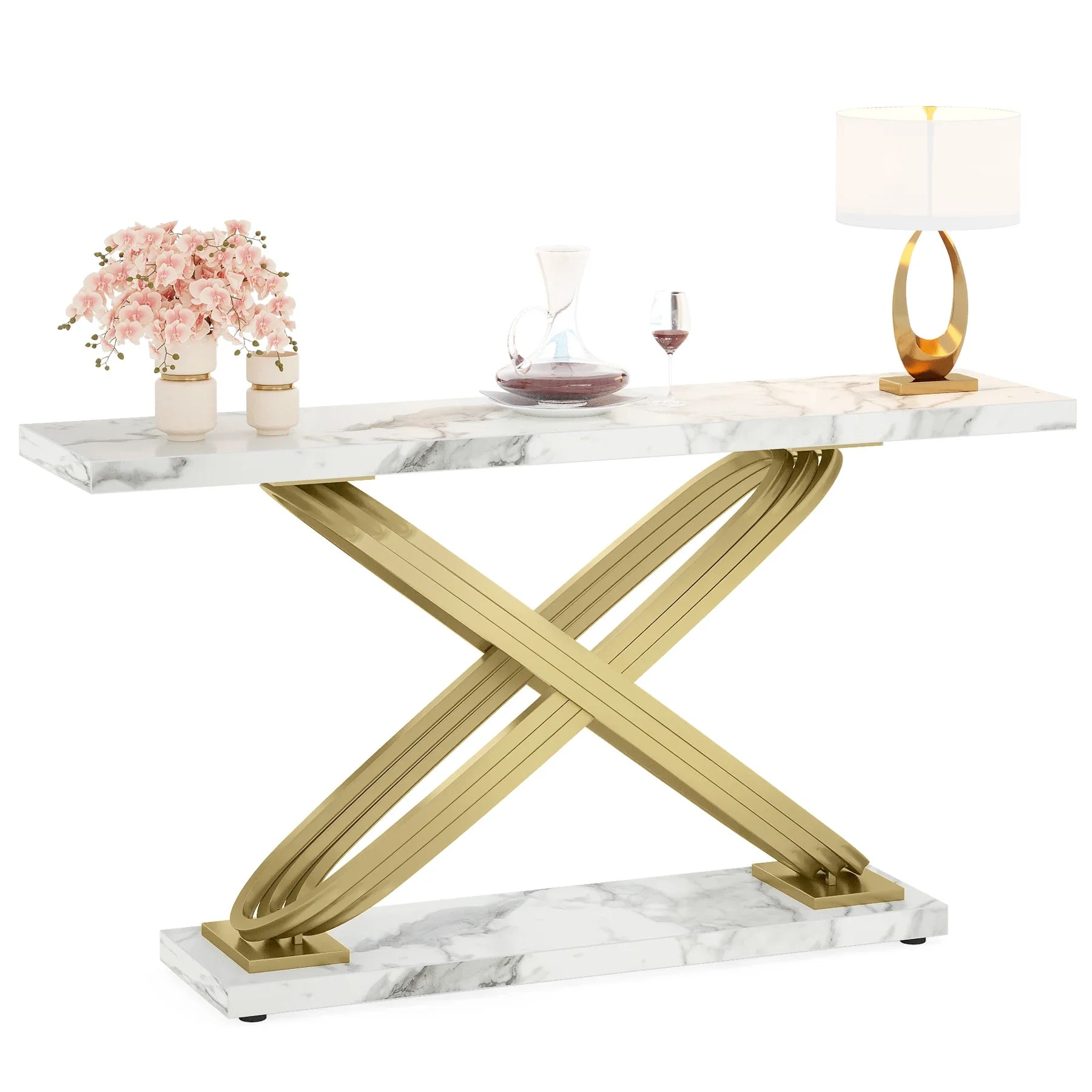 55 Inch Modern Faux Marble & Gold  Console Table,
