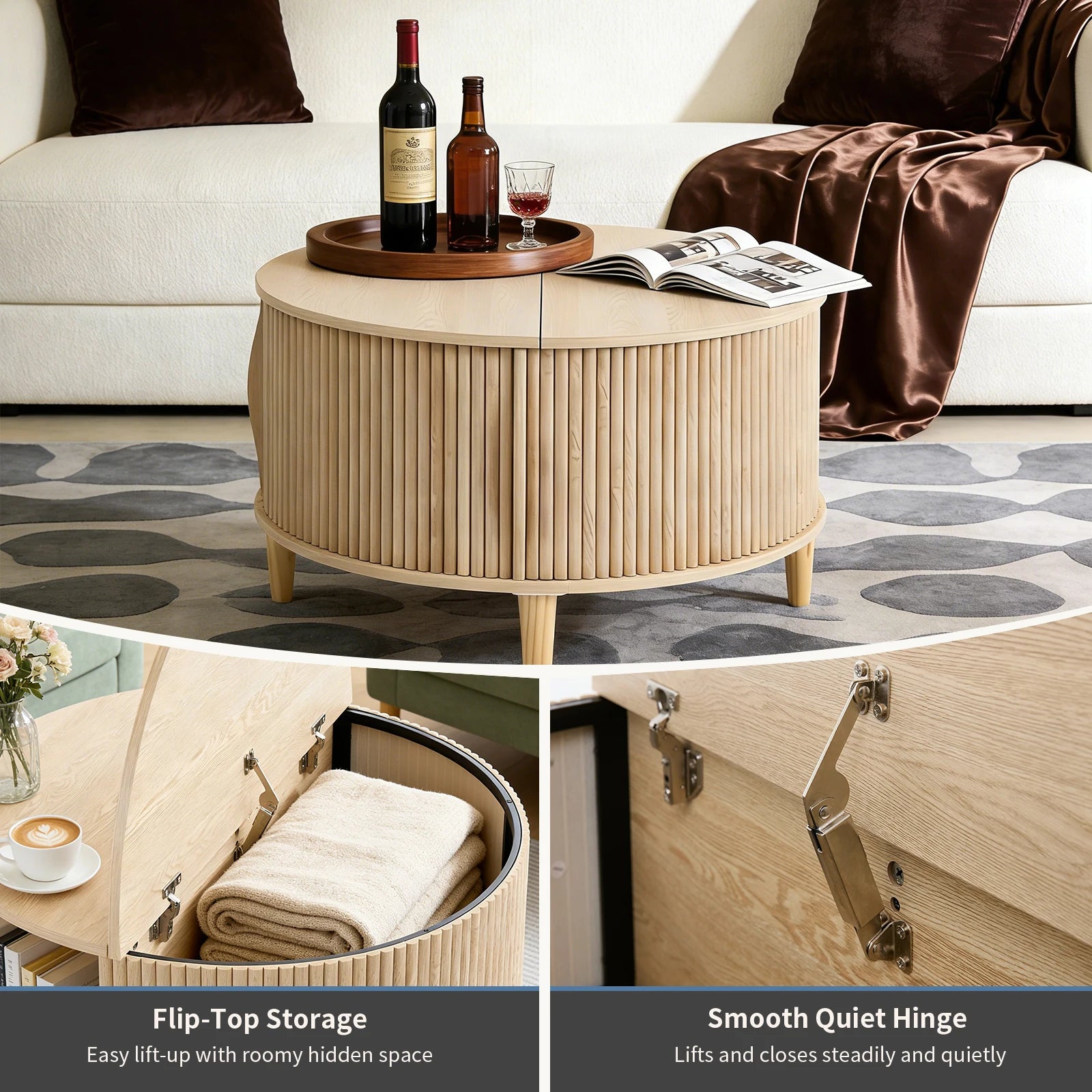 Round Coffee Table with Flip-Top Storage Fluted Center