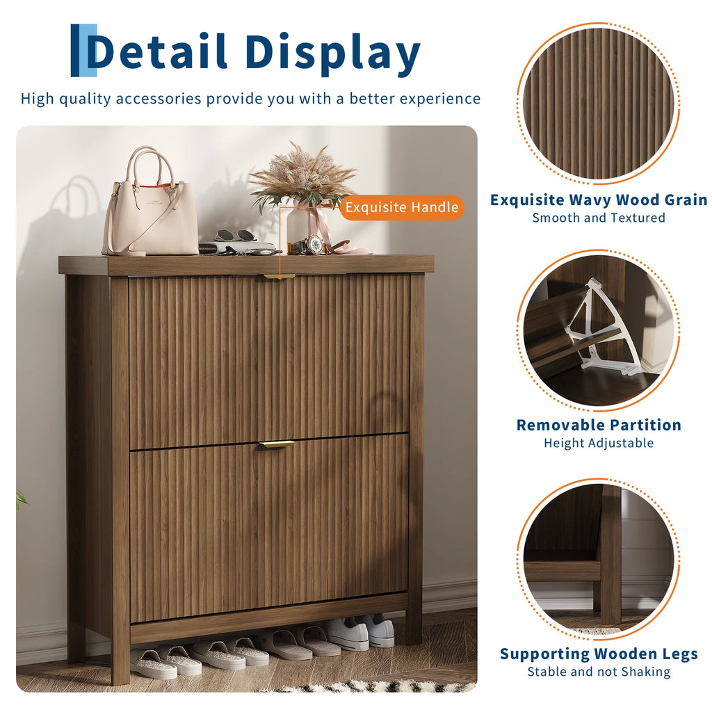 Fluted Shoe Cabinet with 2 Flip Drawers for Entryway,