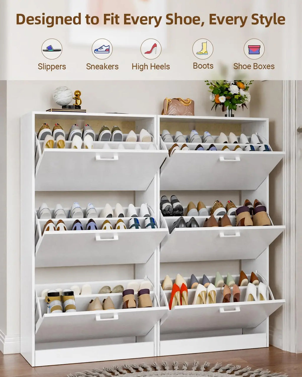 Freestanding Shoe Storage Cabinet, with 2 or 3 Flip drawers