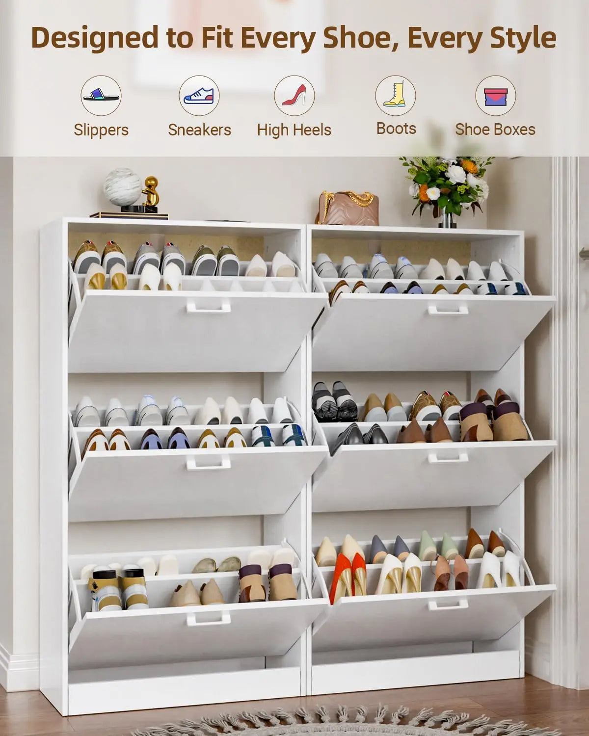 Freestanding Shoe Storage Cabinet, with 2 or 3 Flip drawers