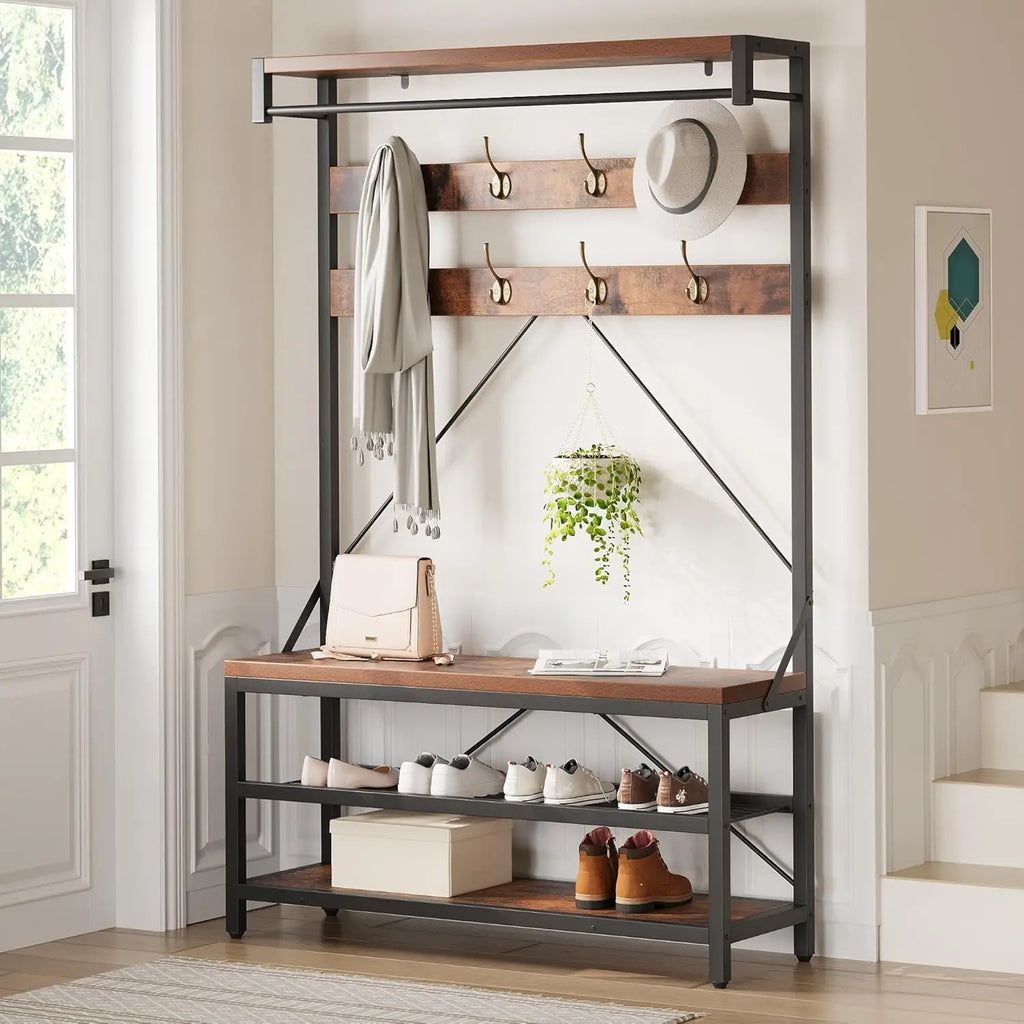 Industrial Hall Tree Coat Rack with Bench & Shoe Storage