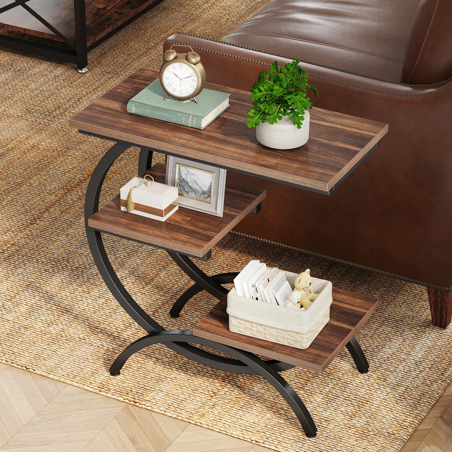 Industrial 3-tier C-Shaped End Table