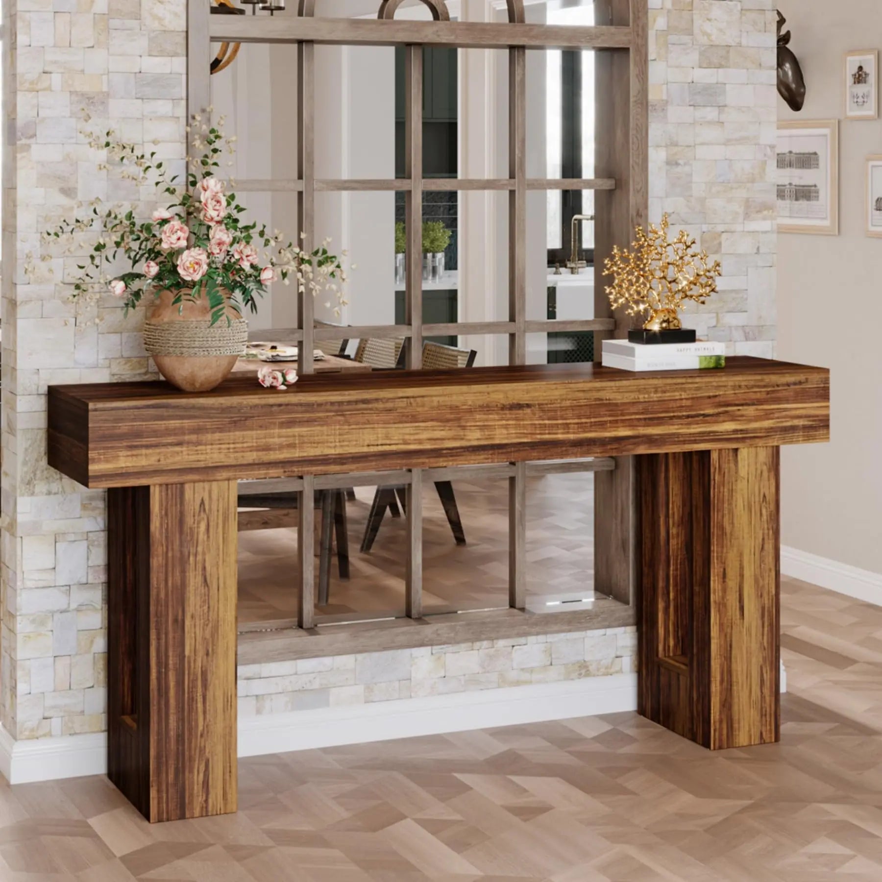 63-Inch Long Farmhouse Wooden  Console Table