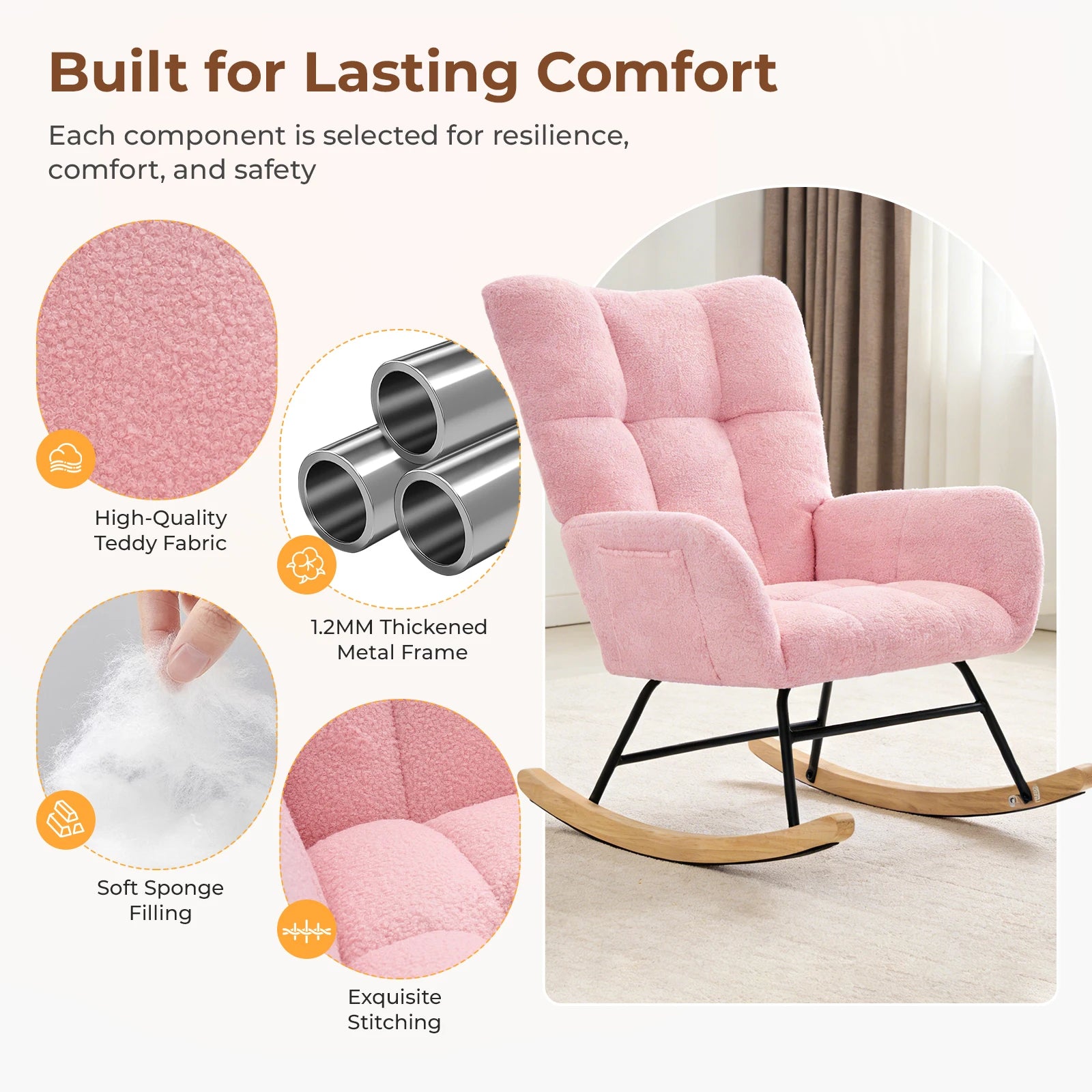 Upholstered  Rocking Chair with High Backrest Armchair
