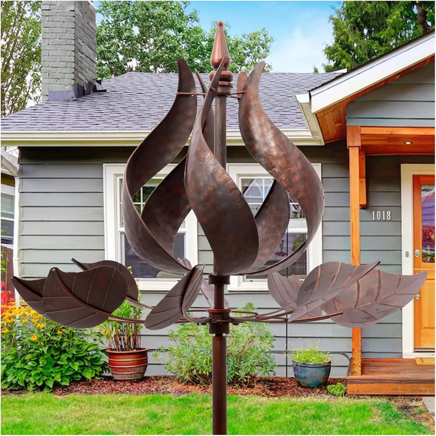 Large Tulip Metal Wind Spinner for Garden Decor, 24"W x 75"H with Stake - Outdoor Yard Lawn Ornament