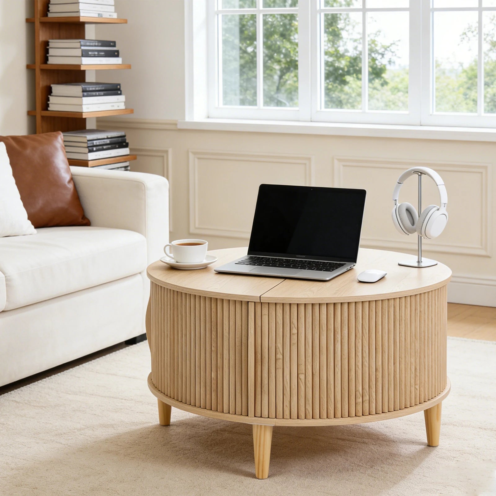Round Coffee Table with Flip-Top Storage Fluted Center