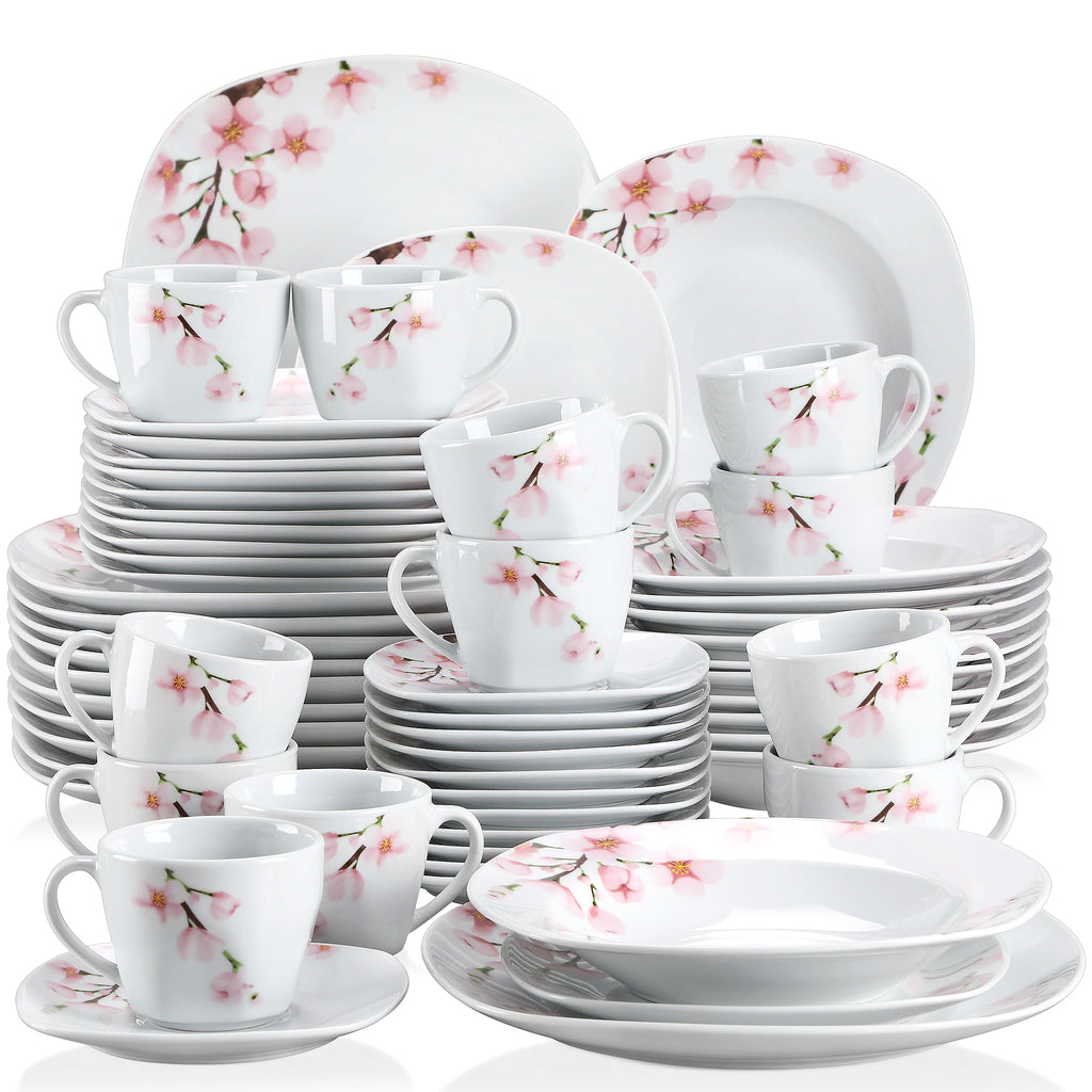 VEWEET ANNIE Pink Floral Porcelain Plate Set