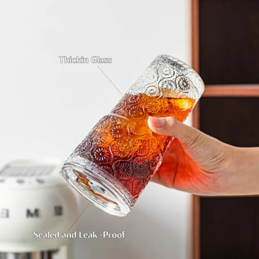 Flower Glass Tumbler Set with Lids and Glass Straws