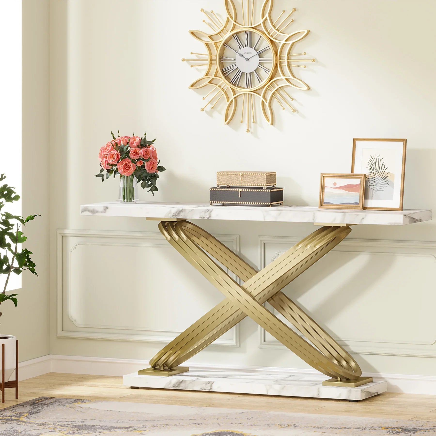 55 Inch Modern Faux Marble & Gold  Console Table,