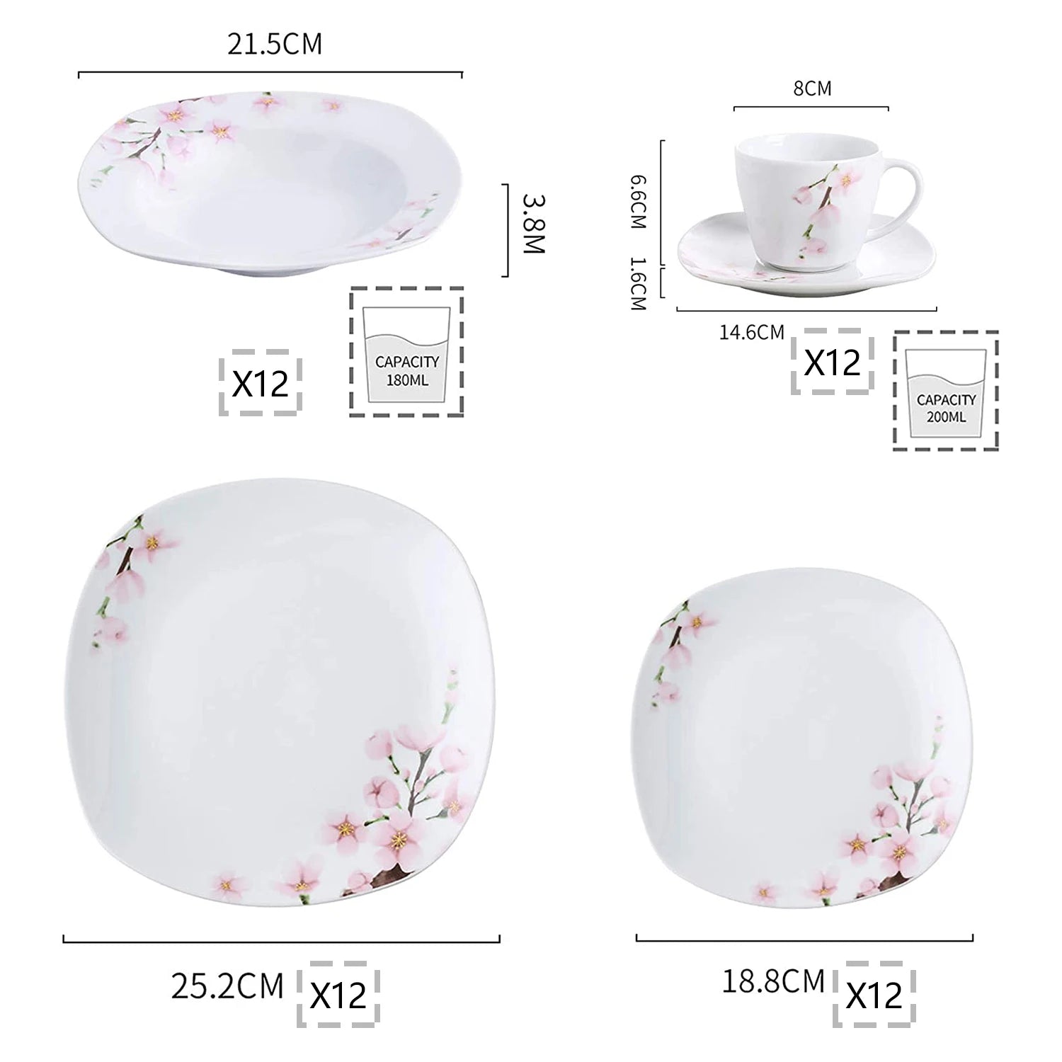VEWEET ANNIE Pink Floral Porcelain Plate Set