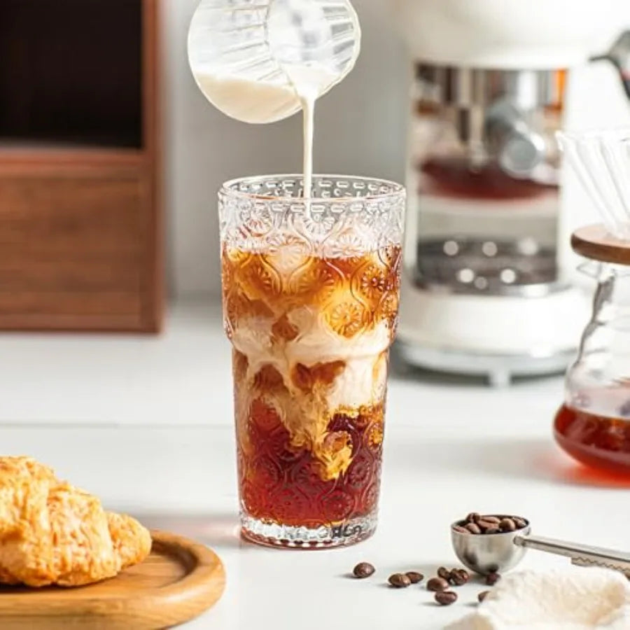 Flower Glass Tumbler Set with Lids and Glass Straws