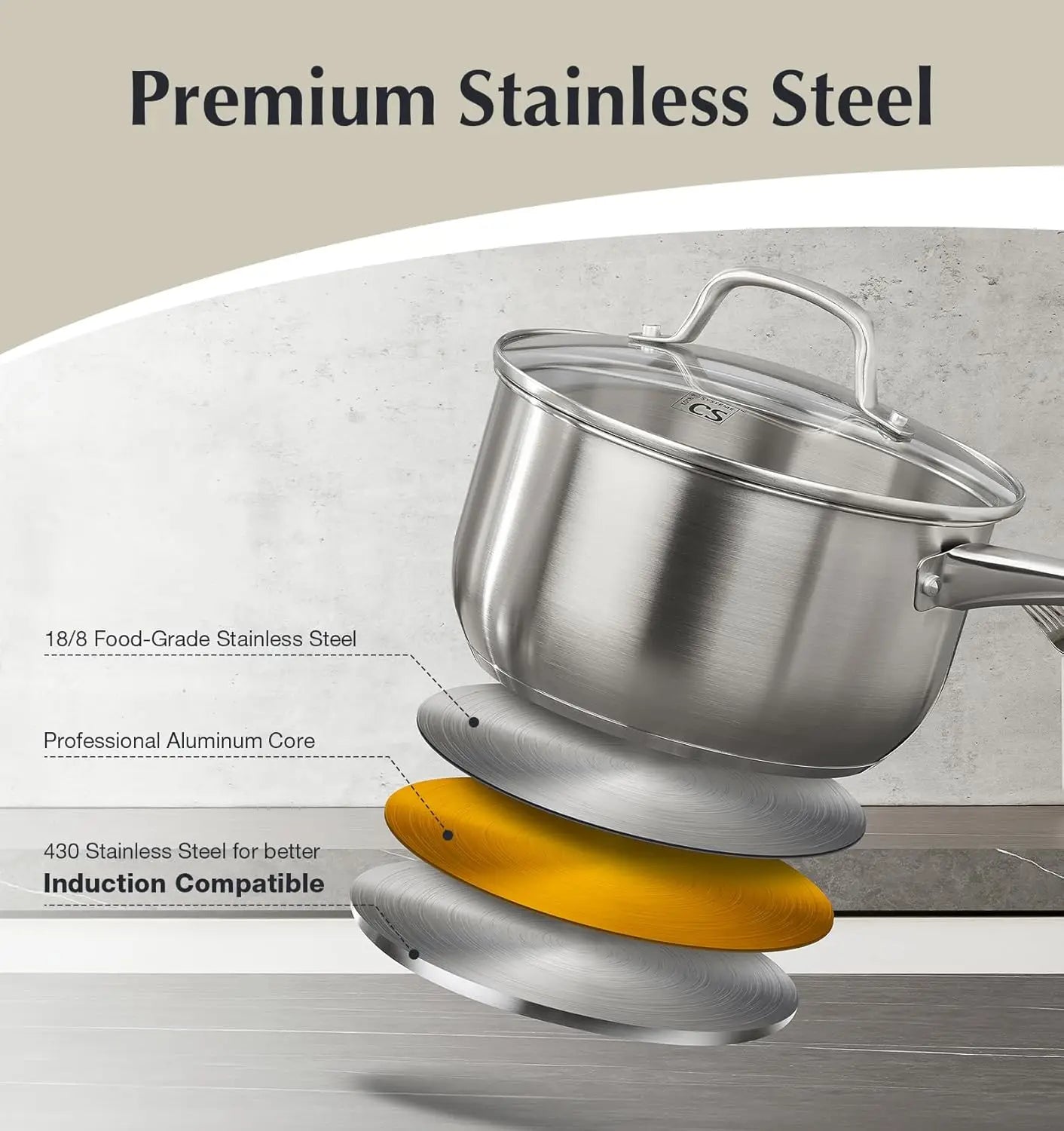 10 Piece Stainless Steel Pots and Pans Set,