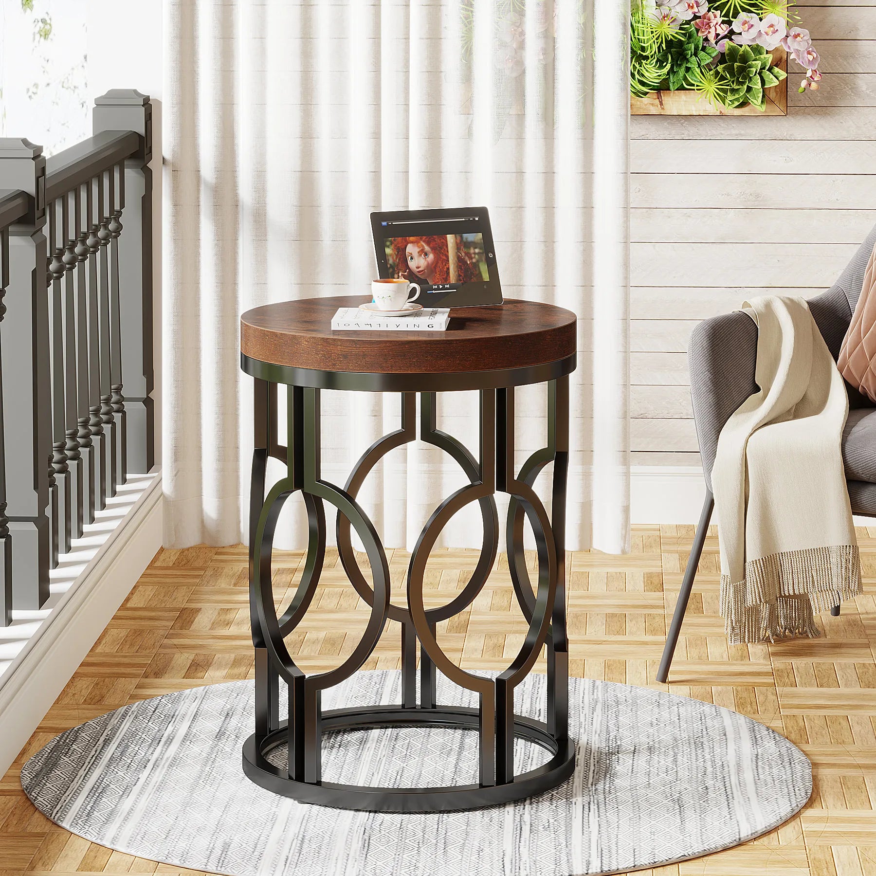 Industrial  Round Side Table with Metal Hollow Frame