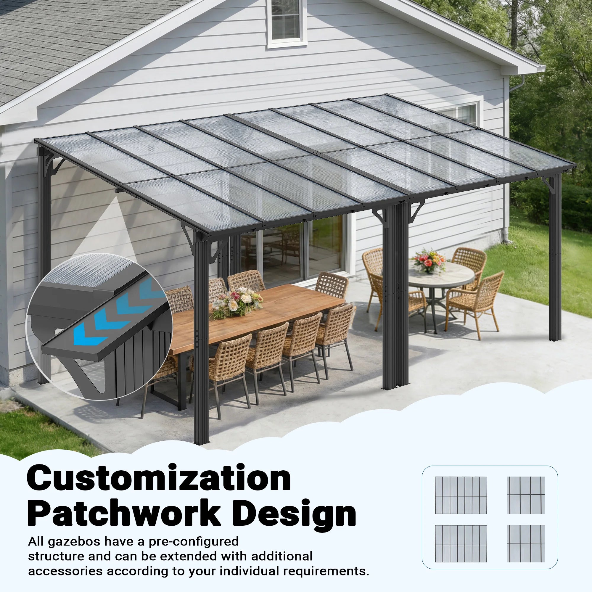 Polar Aurora Gazebo, Wall-Mounted Gazebo with Aluminum Frame & Polycarbonate Roof, Hardtop Pergola, Awnings for Patio, Backyard