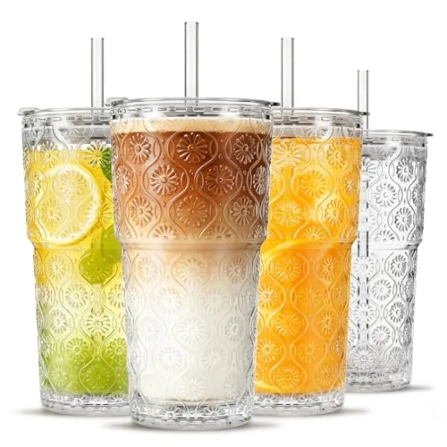 Flower Glass Tumbler Set with Lids and Glass Straws