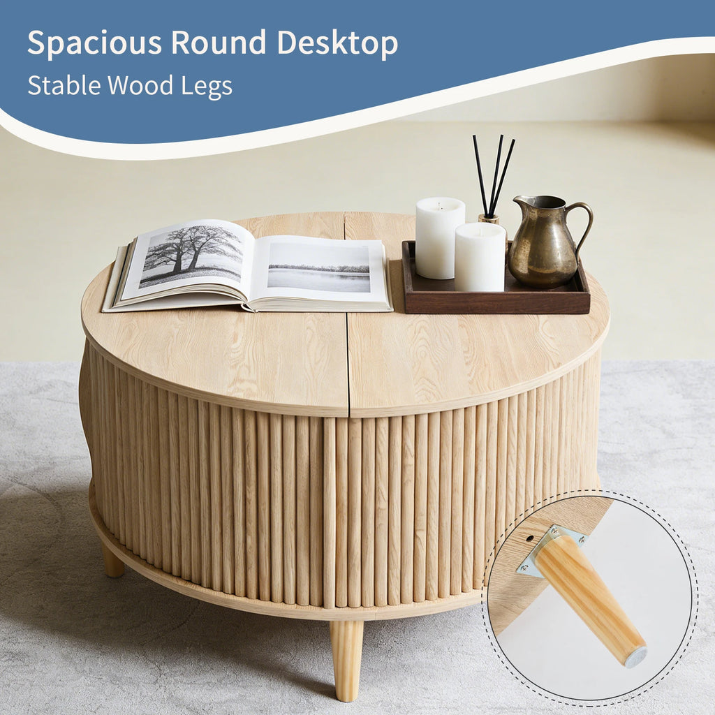 Round Coffee Table with Flip-Top Storage Fluted Center