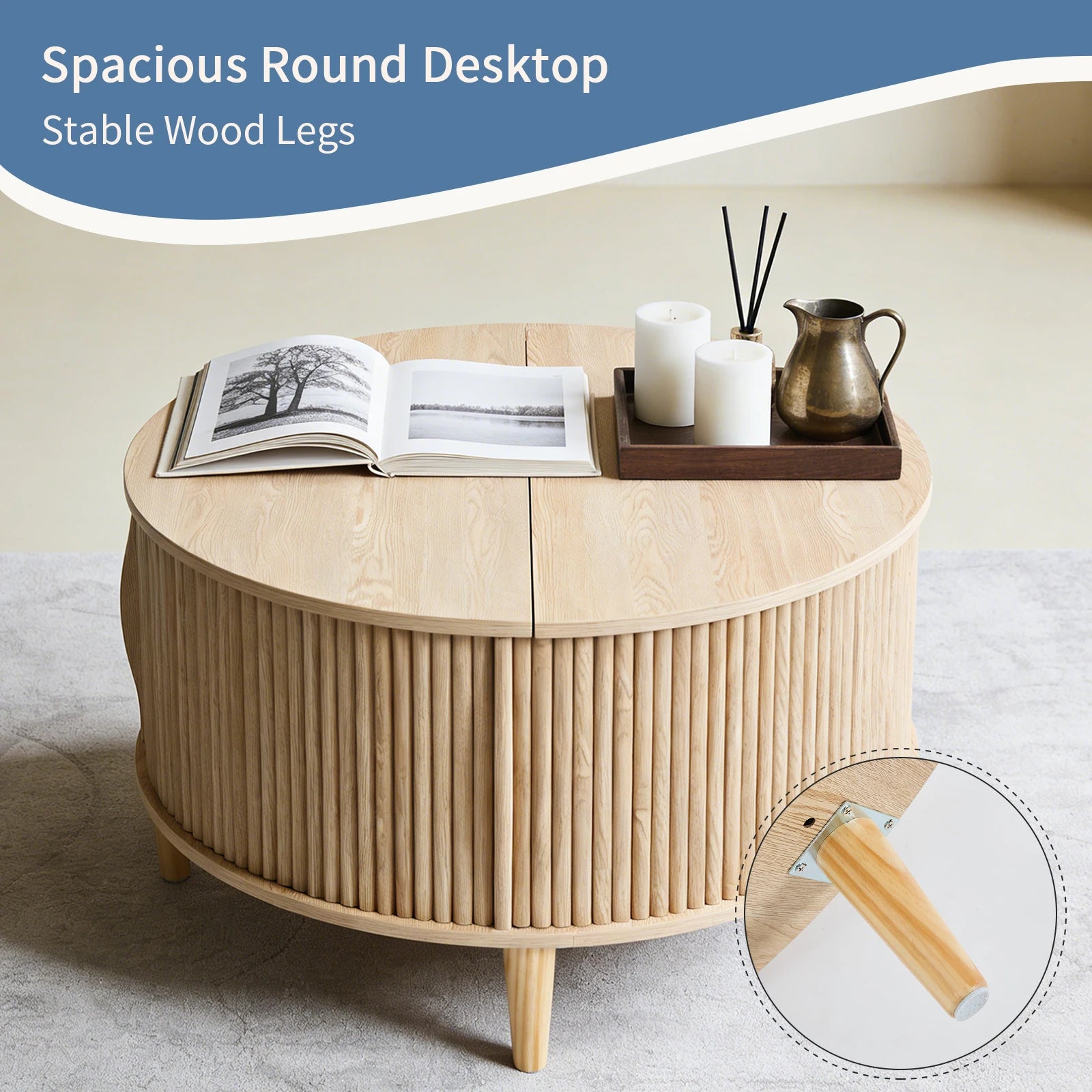 Round Coffee Table with Flip-Top Storage Fluted Center