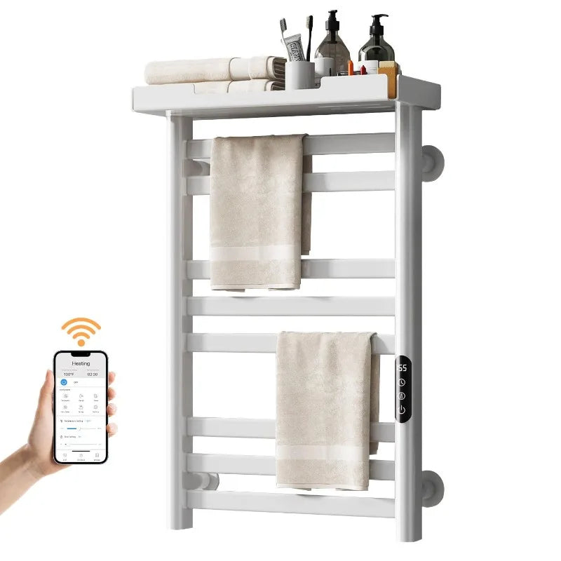 SIOYIE Heated Towel Rack with Shelf 8Bars Wall Mounted Electric Towel Warmer WiFi App Control Timer Adjustable Temperature White