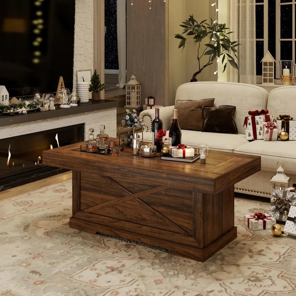 Rustic Wooden Pedestal  Center Table with X-Design