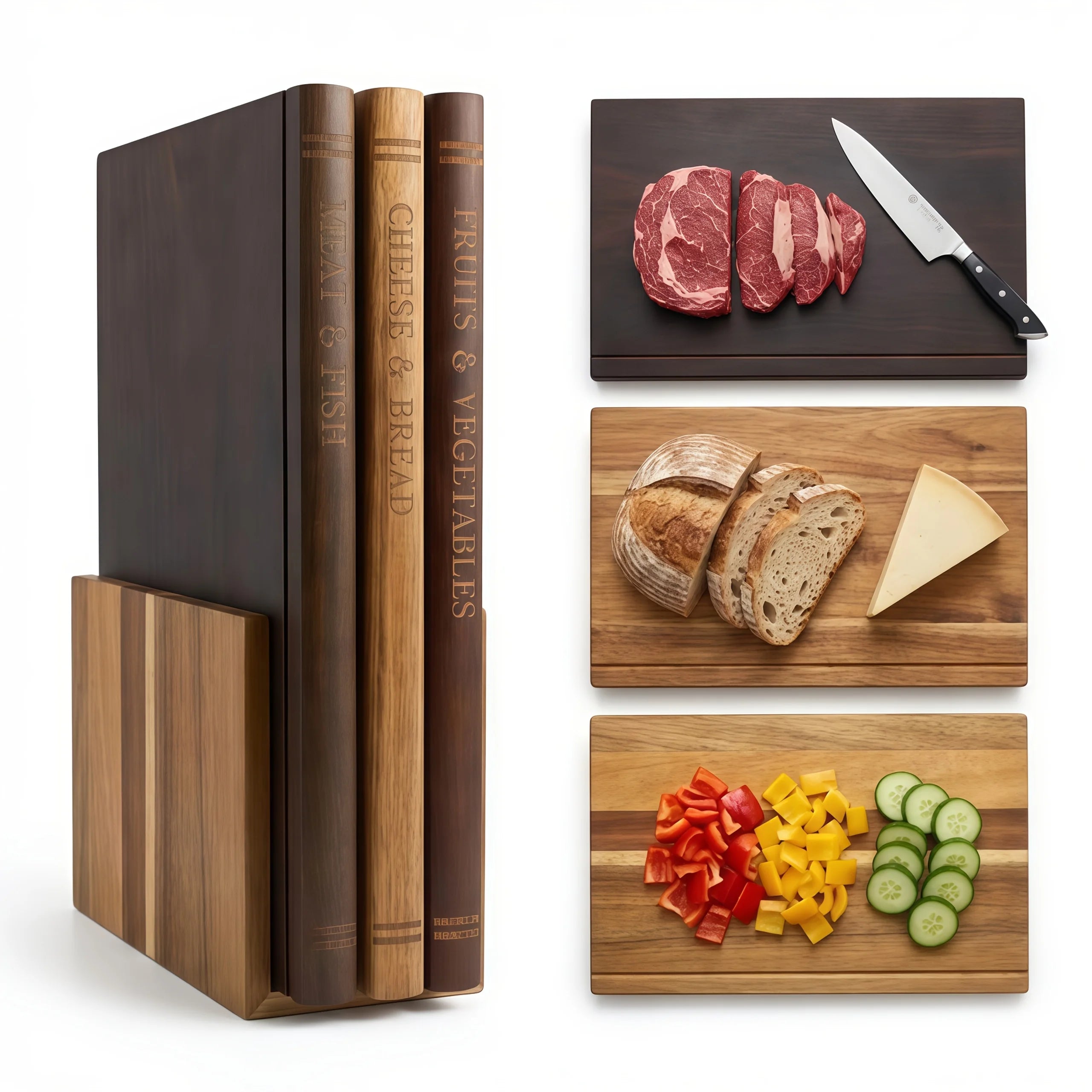 3 pcs Acacia Wood Cutting Board Set with Stand,