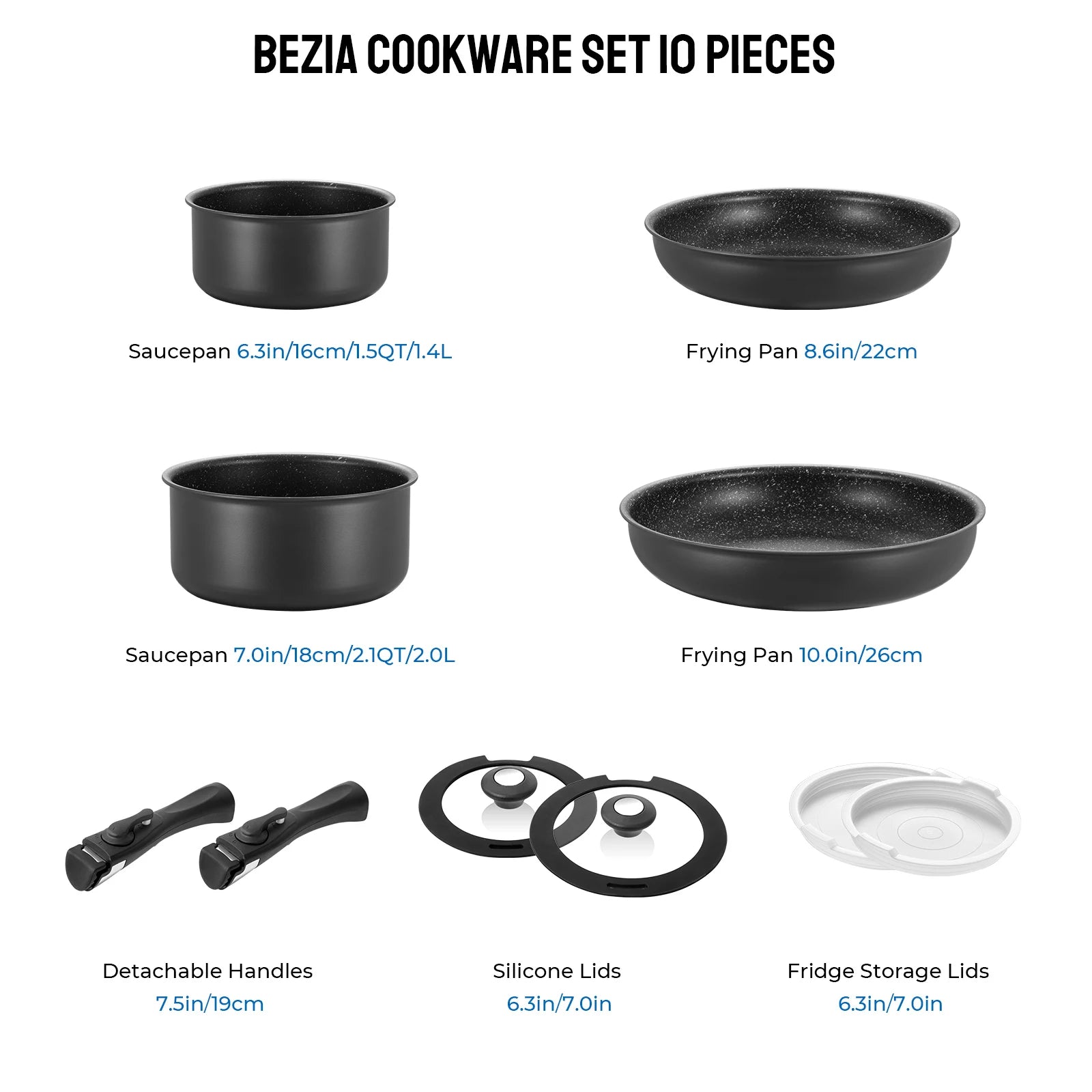 10 piece  nonstick Induction Cookware Set with Removable Handles,