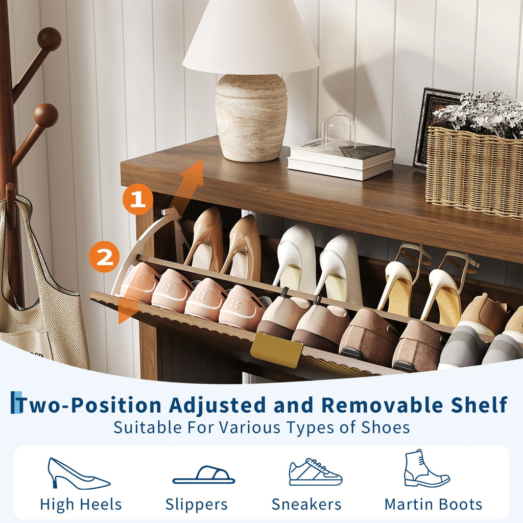 Fluted Shoe Cabinet with 2 Flip Drawers for Entryway,