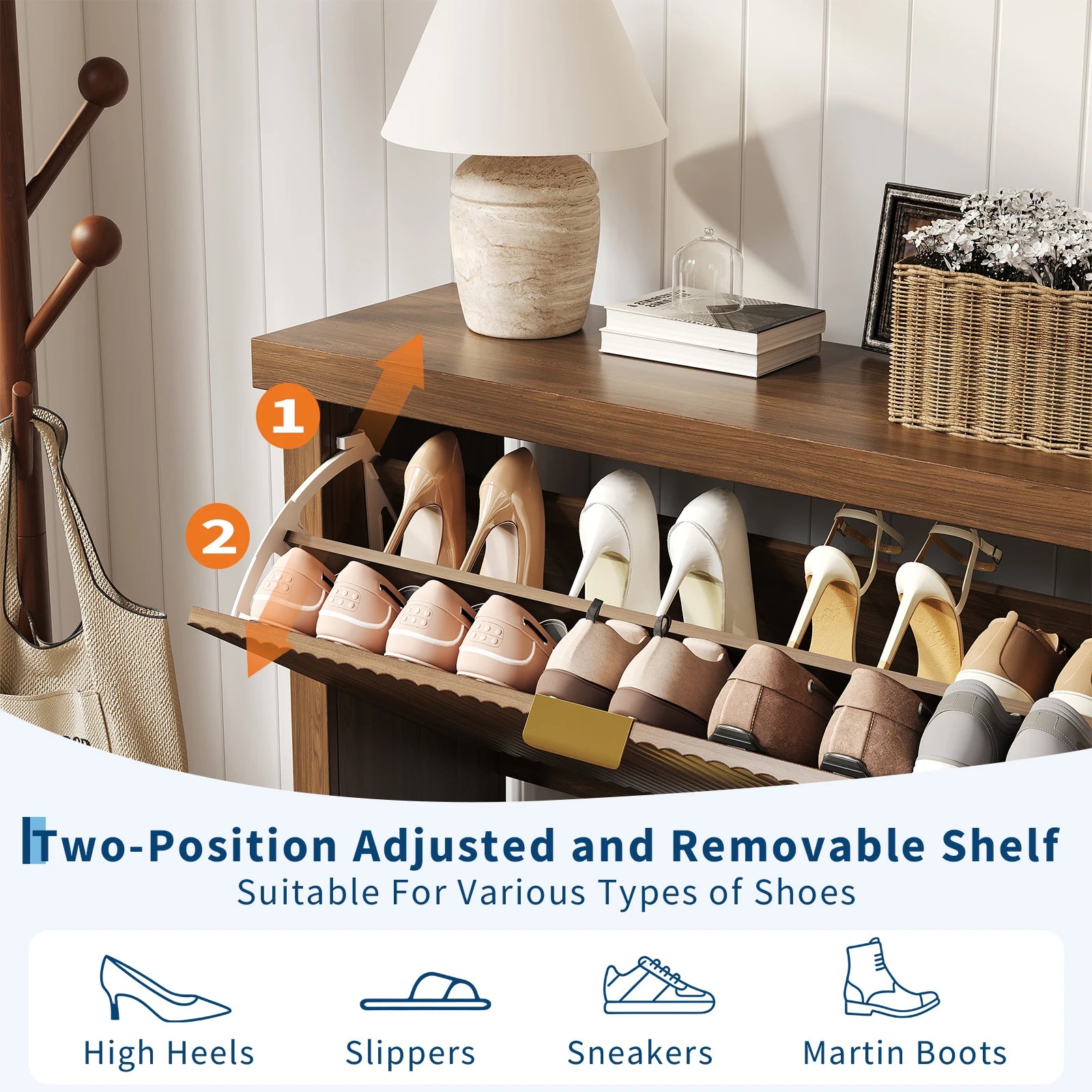 Fluted Shoe Cabinet with 2 Flip Drawers for Entryway,