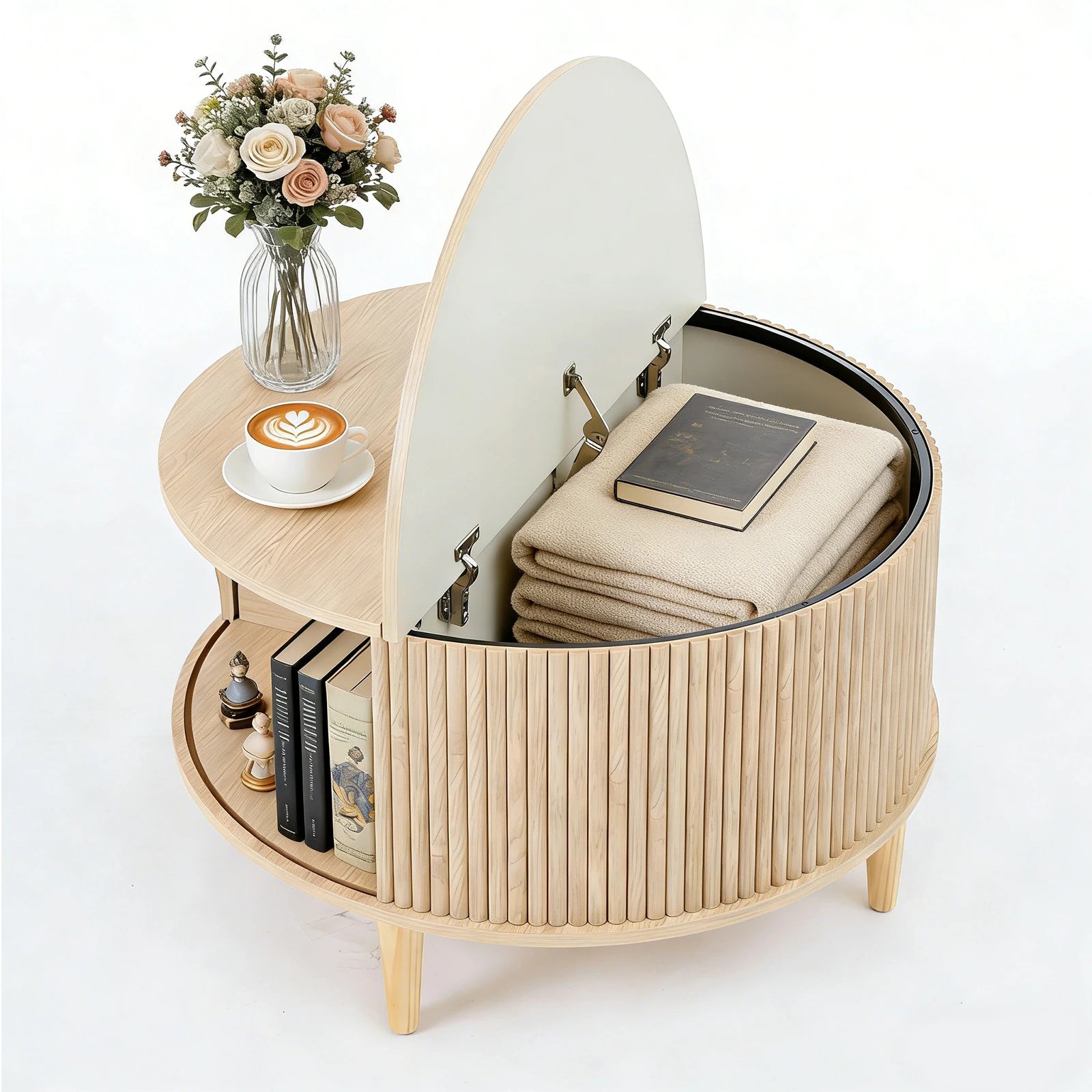 Round Coffee Table with Flip-Top Storage Fluted Center