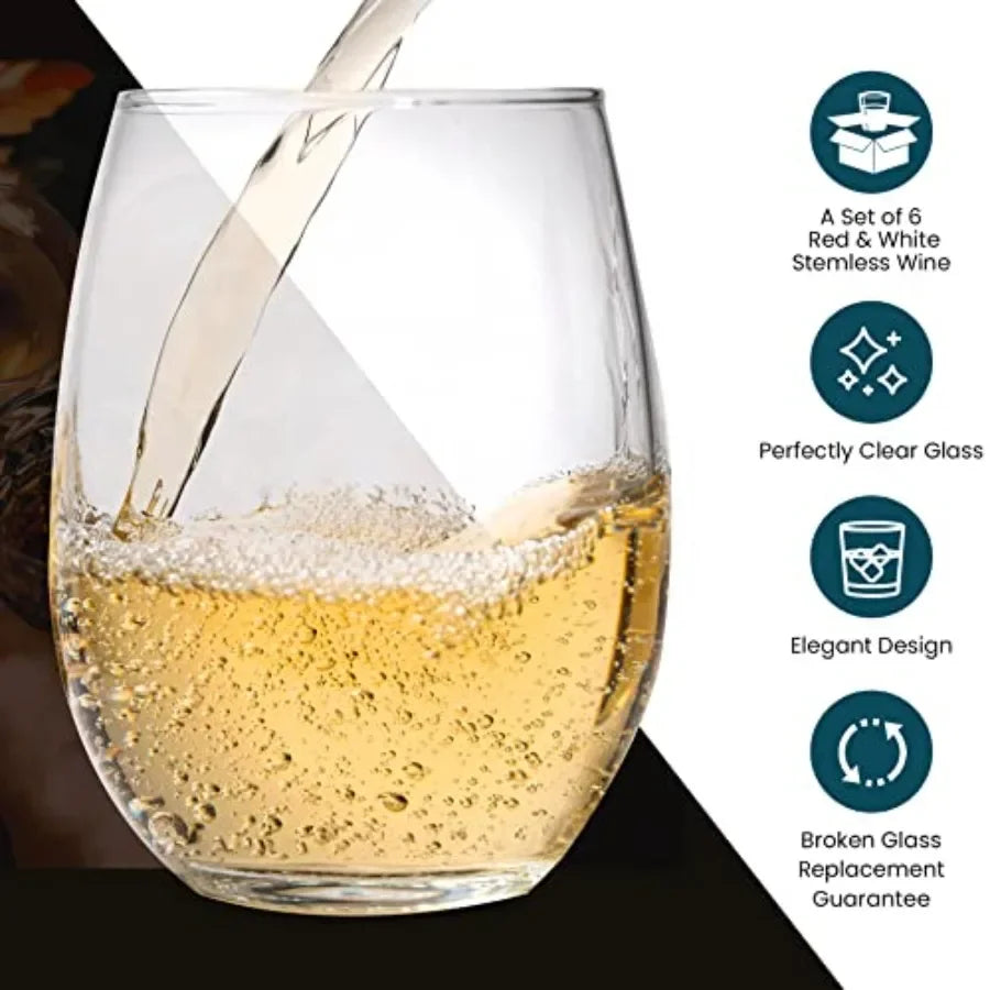 Stemless Wine Glass, Red and White 18oz Stemless Wine Glass Set of 6, Drink Glasses with Durable Chip Resistant Rim, Large Wine