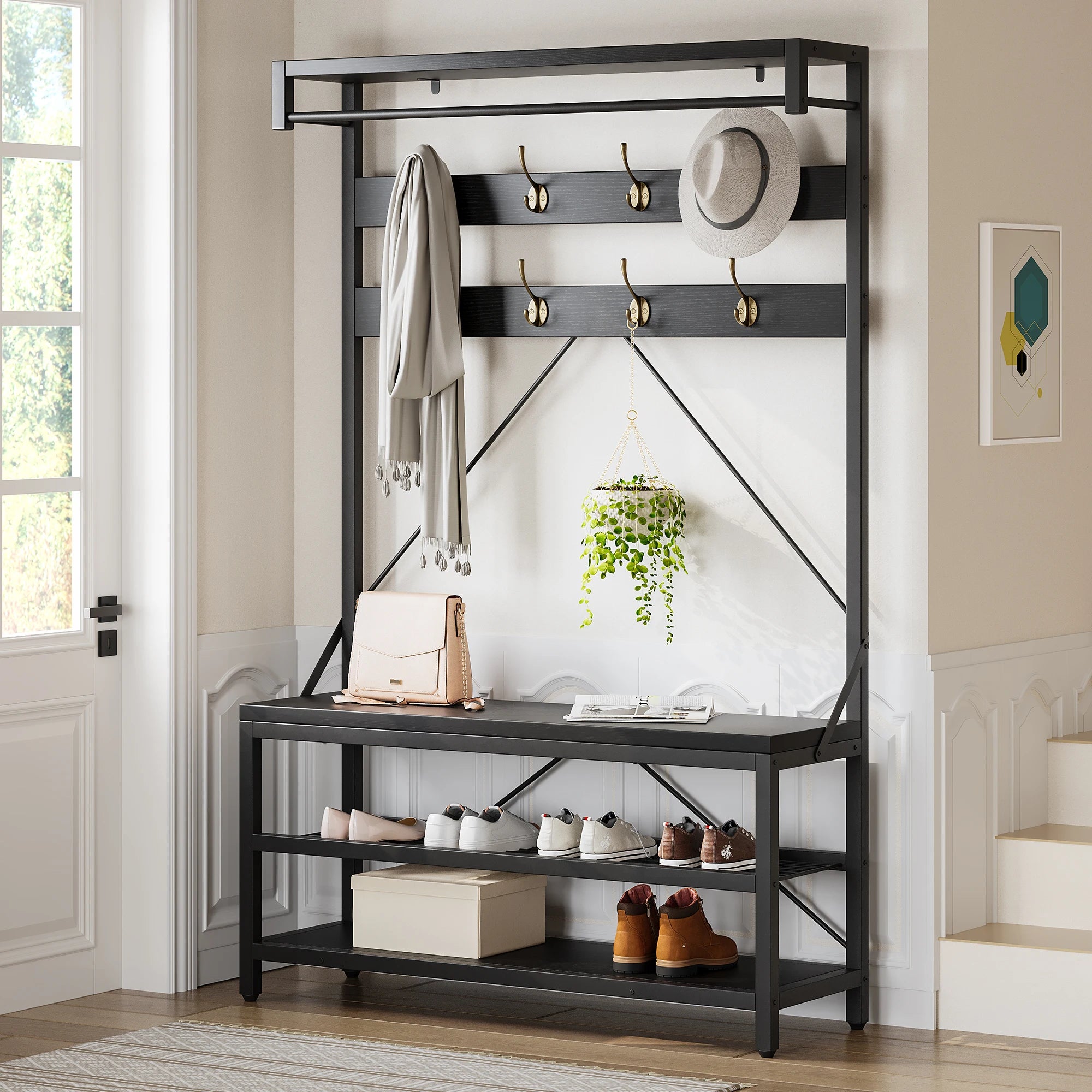 Industrial Hall Tree Coat Rack with Bench & Shoe Storage
