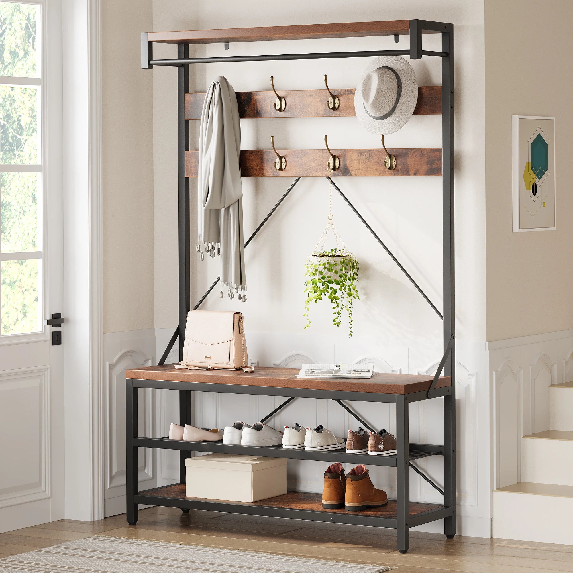 Industrial Hall Tree Coat Rack with Bench & Shoe Storage