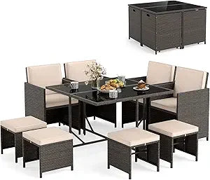 9 Piece Patio Dining Set, with Tempered Glass