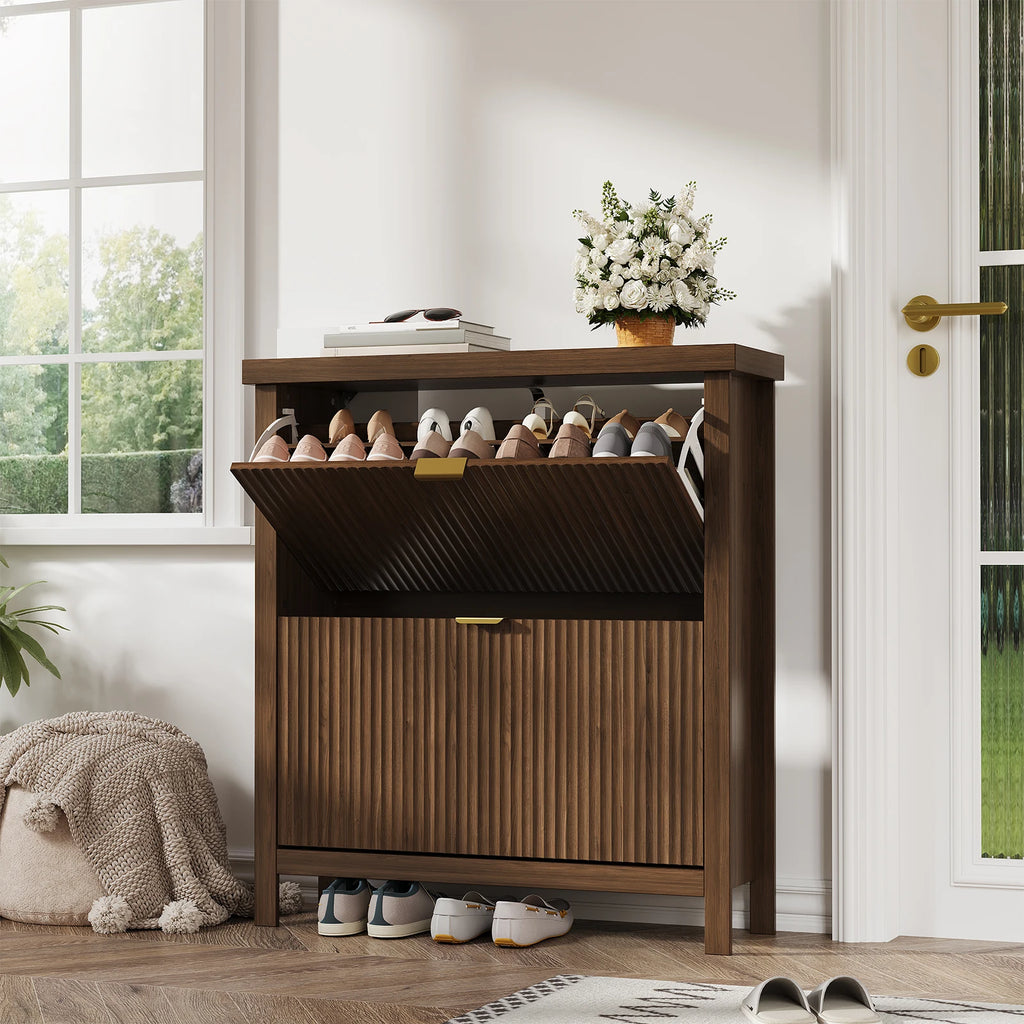 Fluted Shoe Cabinet with 2 Flip Drawers for Entryway,