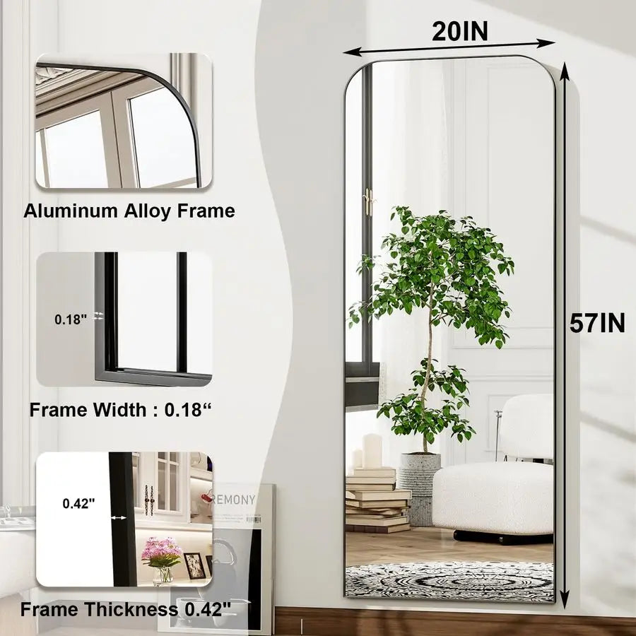 Full Length Mirror, Black Rounded Corner Aluminum Frame