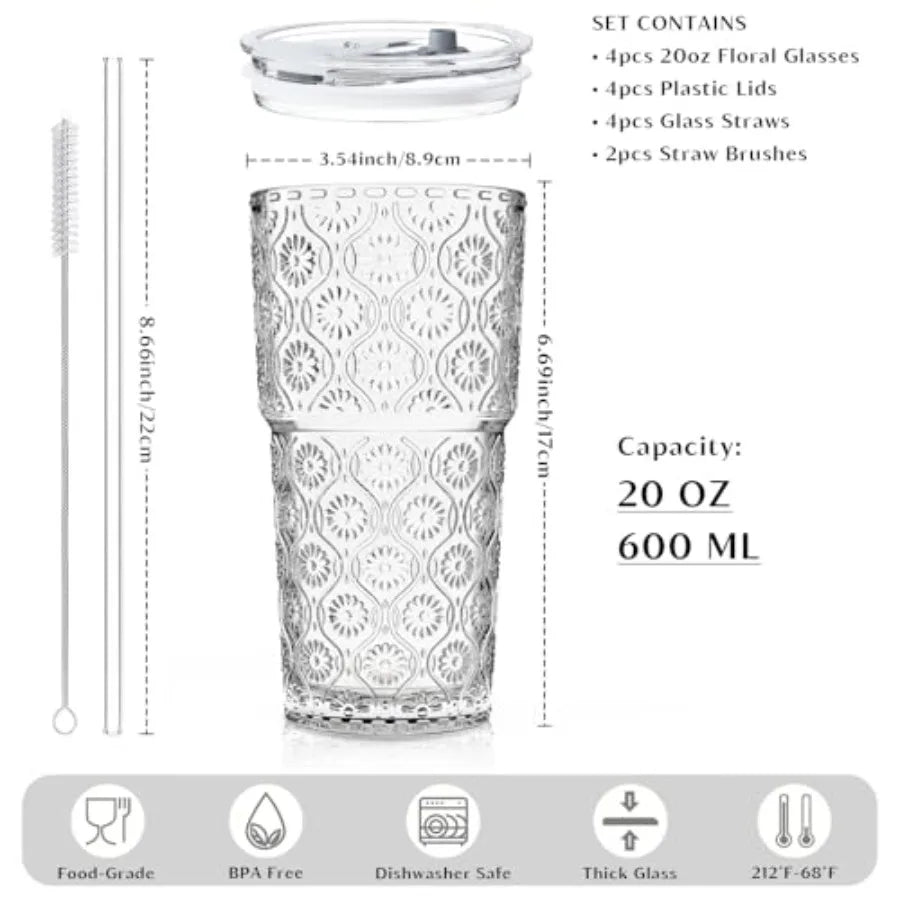 Flower Glass Tumbler Set with Lids and Glass Straws