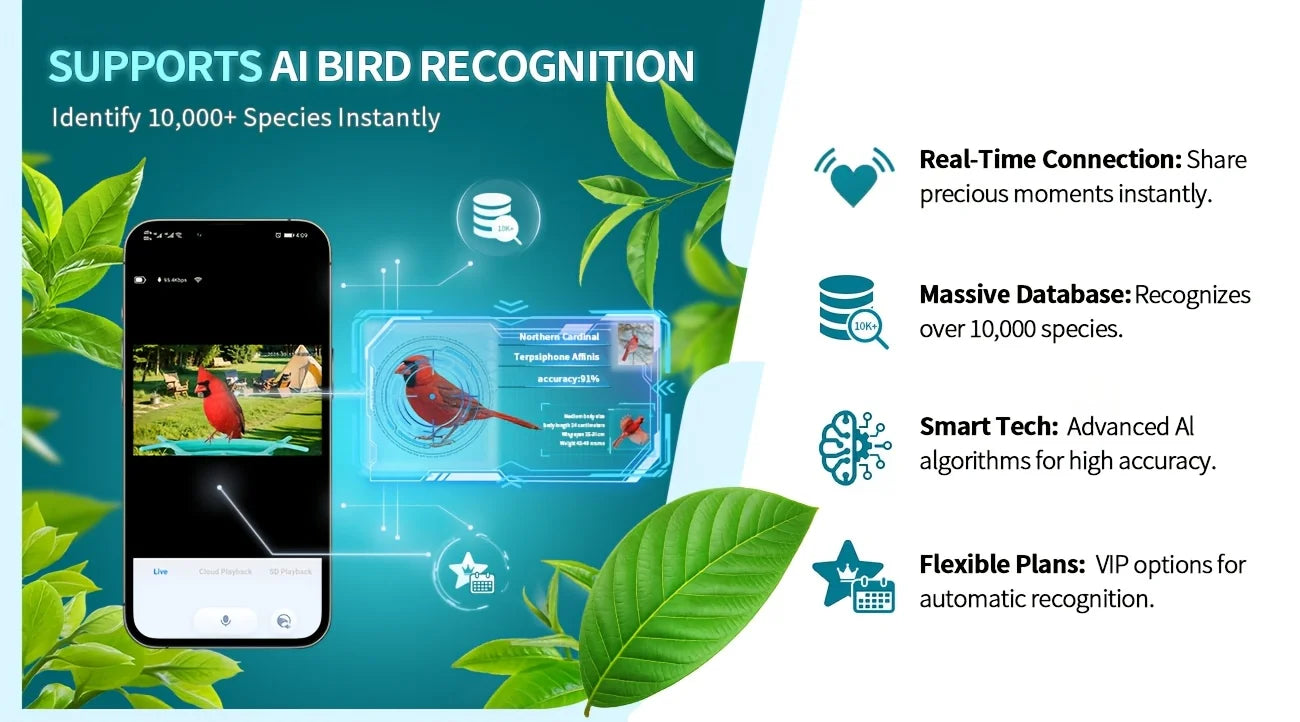 AI Smart Bird Feeder with Camera, Solar Powered,