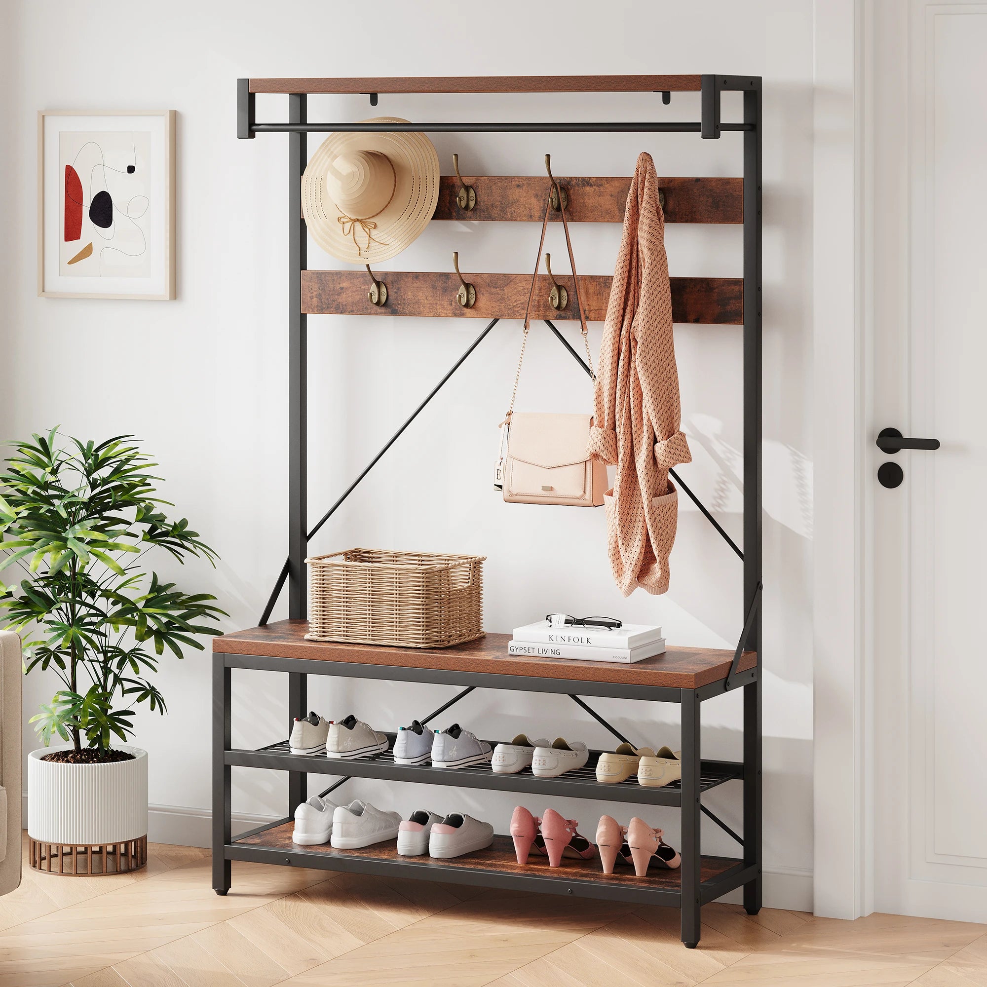 Industrial Hall Tree Coat Rack with Bench & Shoe Storage