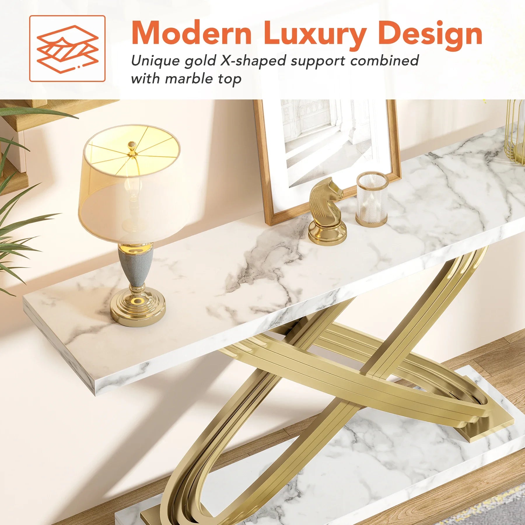 55 Inch Modern Faux Marble & Gold  Console Table,